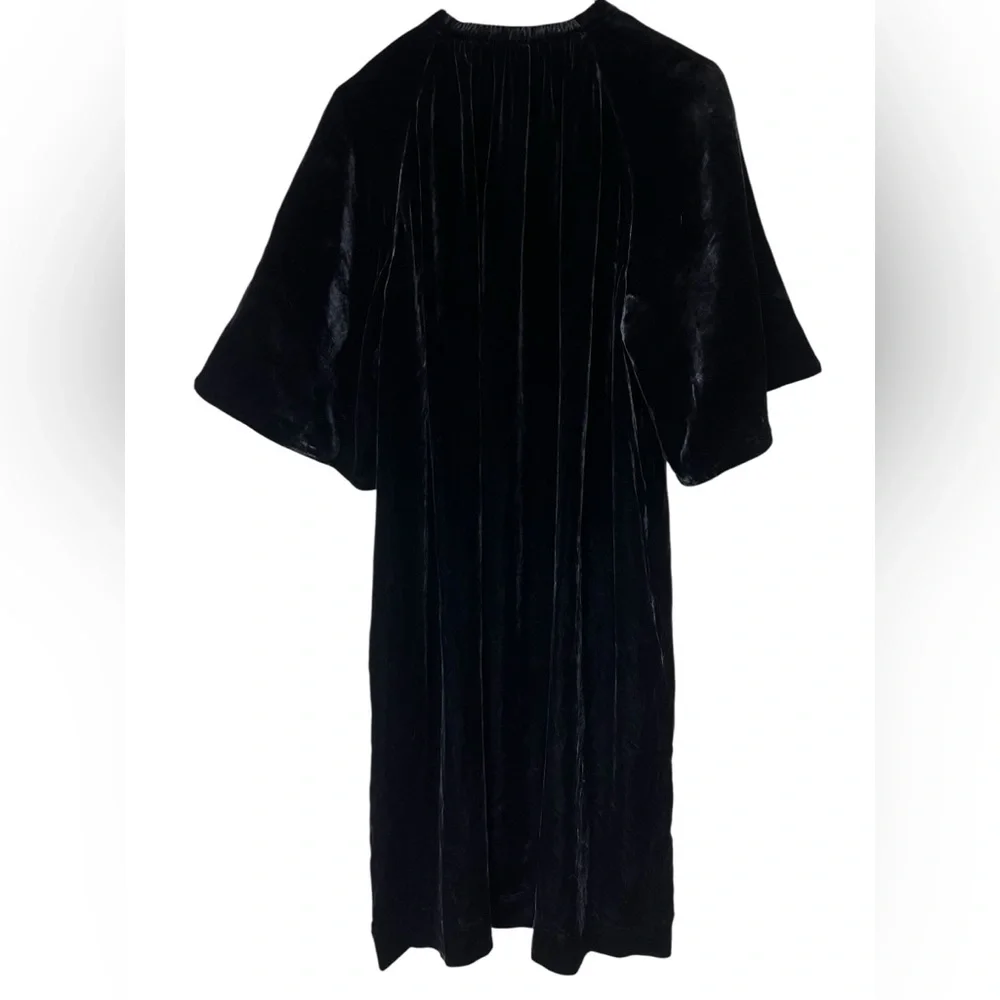 COS NWT black gathered velvet silk blend midi dress statement sleeve minimalist - Picture 3 of 13